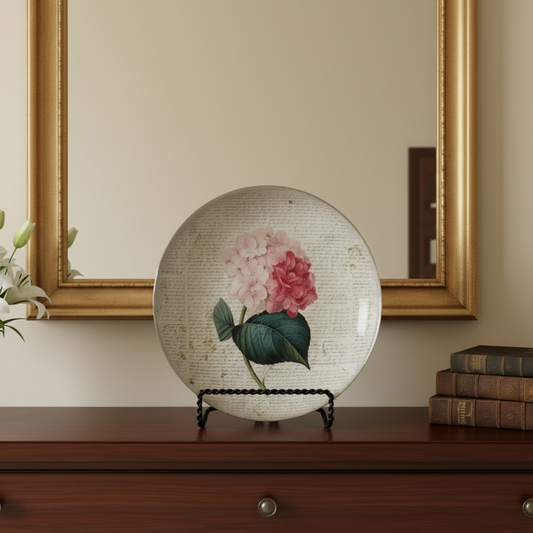 Large shallow bowl in a stand on a table with some books and in front of a mirror.