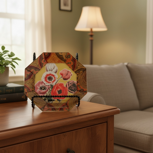 Decorative plate with Poppies on a wooden surface in a living room setting