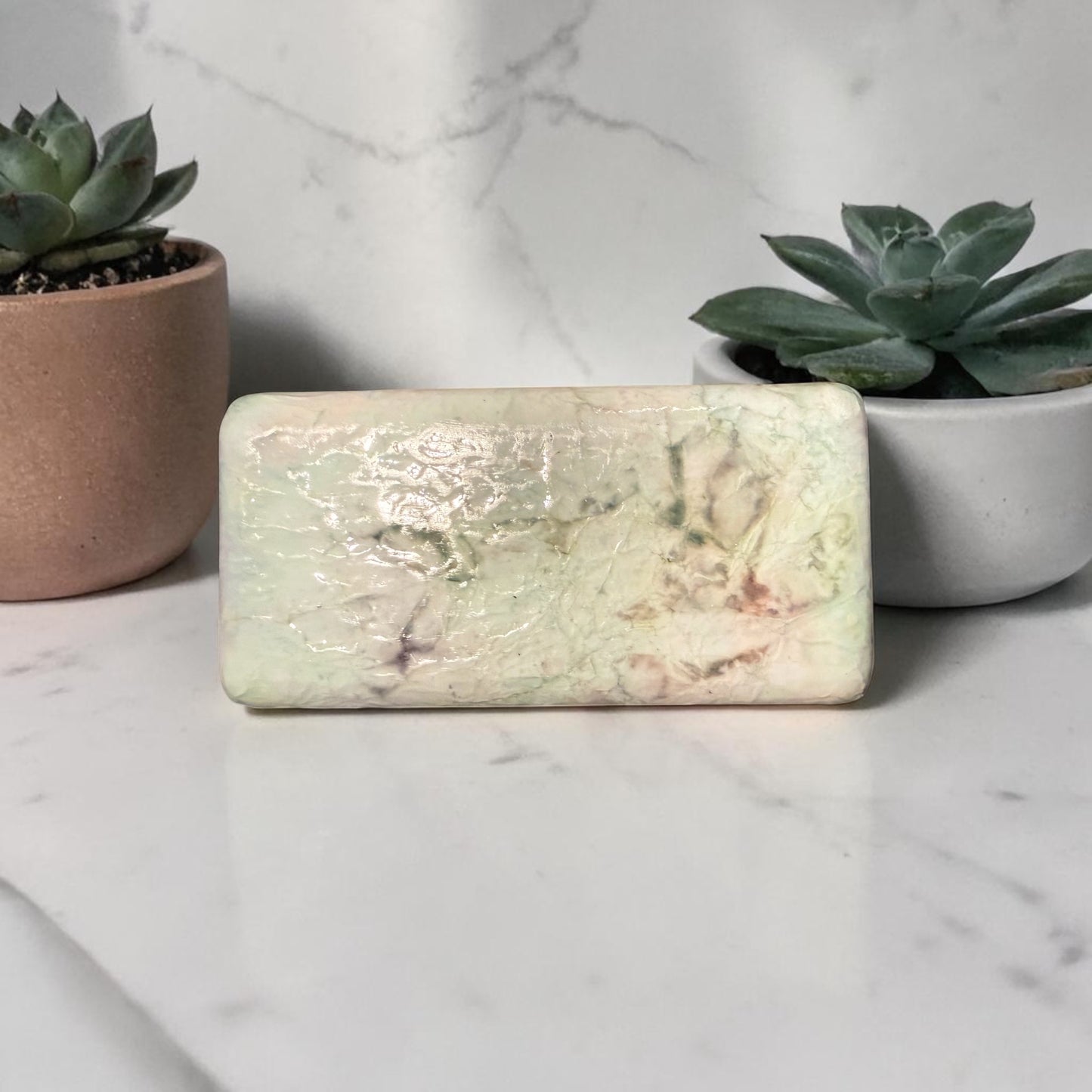 Backside of a small dish on white marble countertop beside two plants.