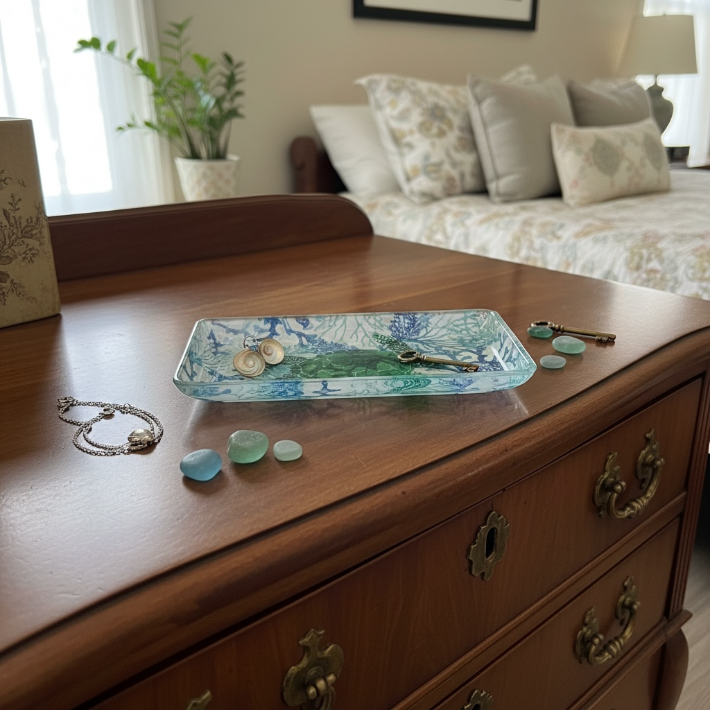 Decorative tray with jewelry on a wooden dresser in a bedroom.