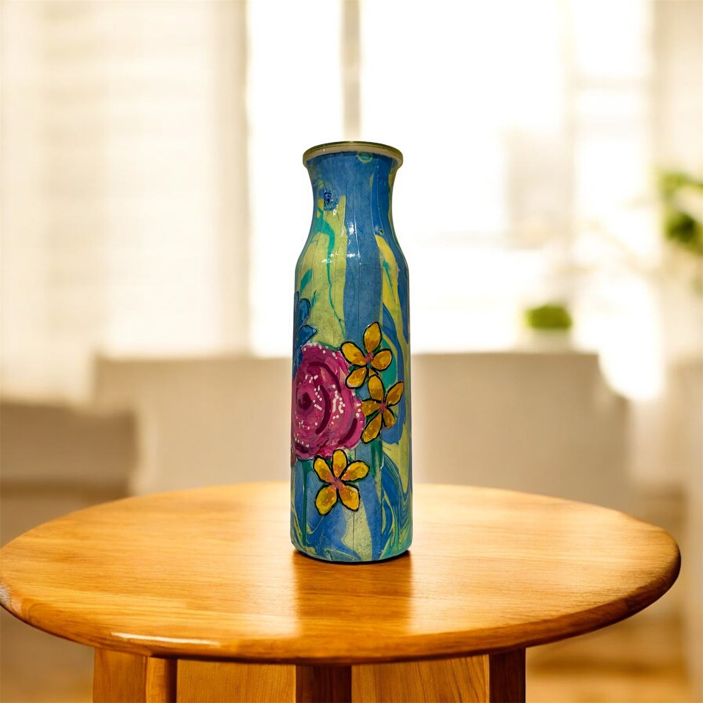 Pink and Yellow Hand Drawn Flowers on Yellow Bud Vase