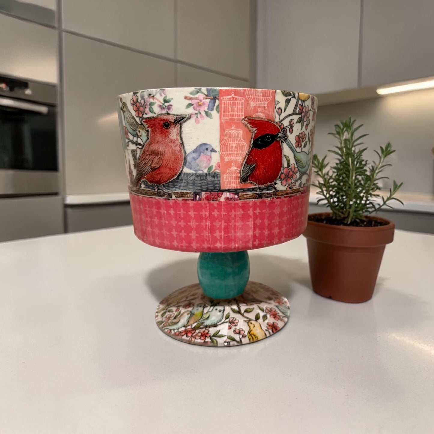 Decorated trifle bowl on a kitchen counter. next to a plant