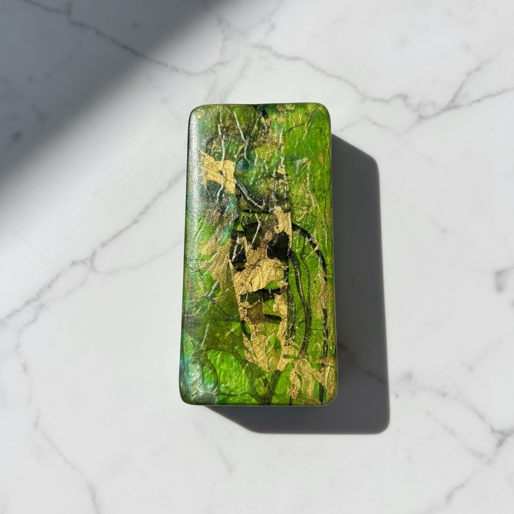 Green marbled rectangular dish on a marbled counter.